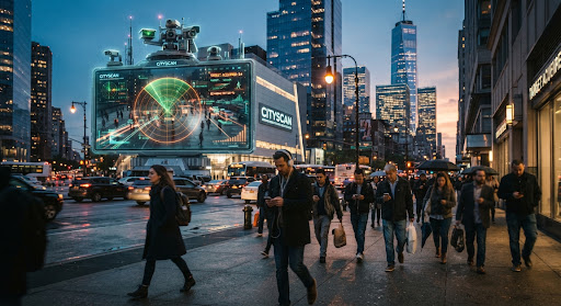 People walking in the city, radar scanning in background concept