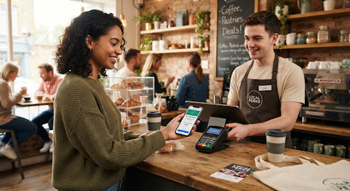 Person paying with smartphone at a cafe, using a deal